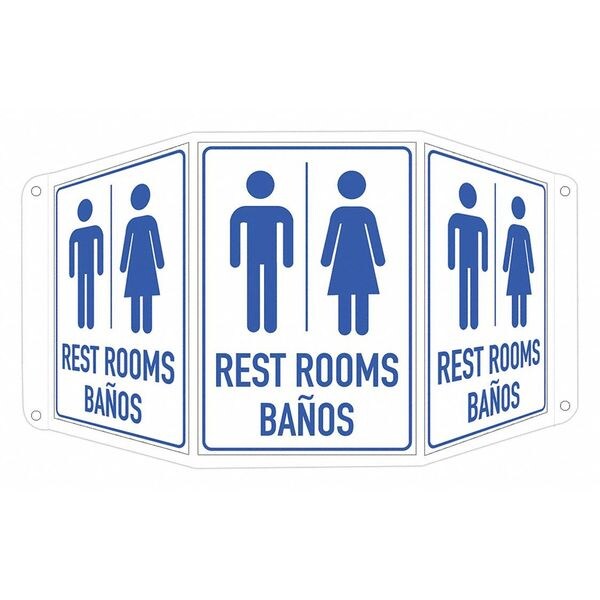 Rest Rooms Banos (w Sym), 17 1/2 in W x 10 in H, Tri-Bend, Aluminum, LCTB-0007-RA_7X10