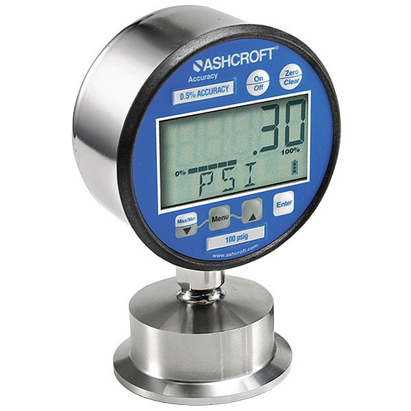 Digital Pressure Gauge, 0 to 100 psi, 3 in Dial, 1 1/2 in Tri-Clamp, Bottom Location