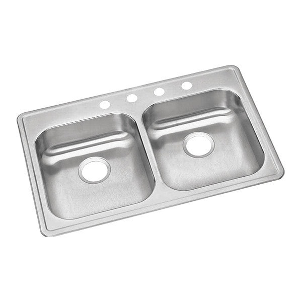 Dayton SS, 33x22x5-3/8", 2 Bowl T-Mnt Sink, Drop-In Mount, 2 Hole, Satin