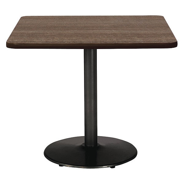 Square KFI Mode 42" Square Breakroom Table with Studio Teak Top, Round Black Base, Counter Height