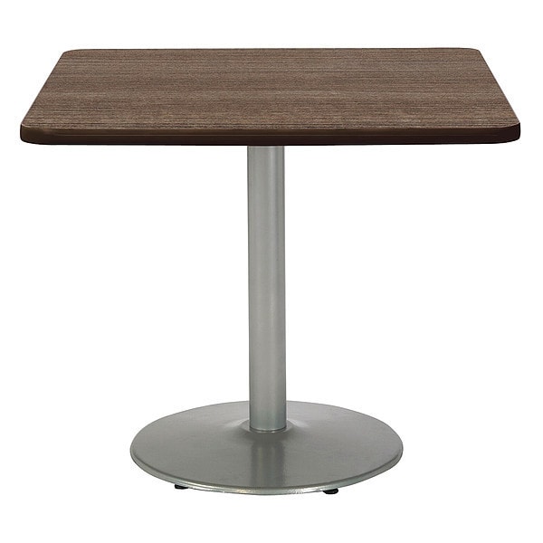 Square KFI Mode 42" Square Breakroom Table with Studio Teak Top, Round Silver Base, Counter Height