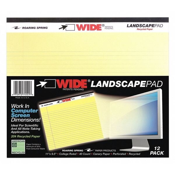Case of Canary Landscape Pads, 11"x9.5", 40 sheets, College Ruled, Perforated, Portrait Orientation, PK48