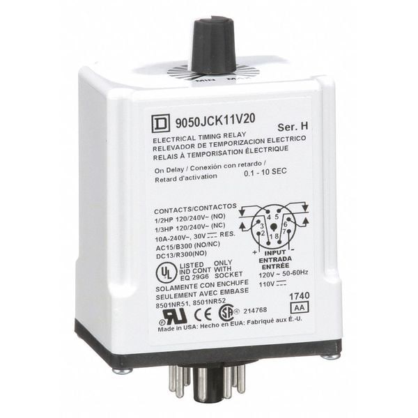 Single Function Time Delay Relay, Octal, On Delay, 1 Functions 110V AC, DPDT