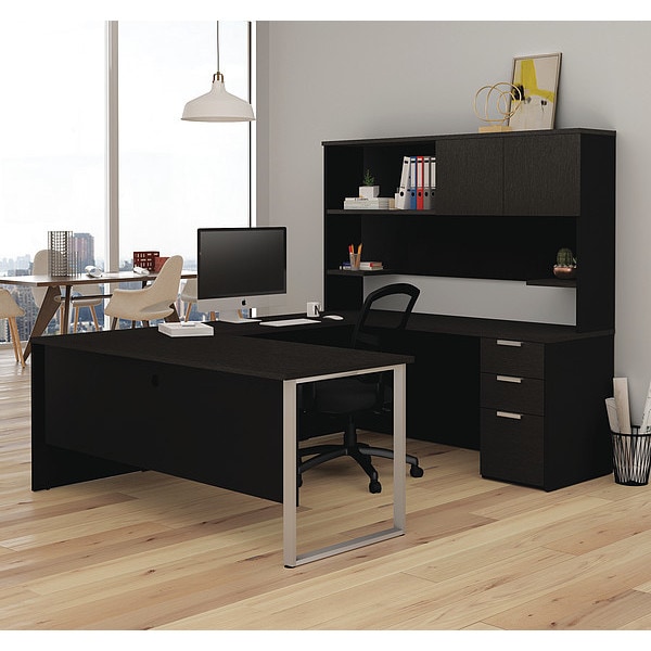 U Shaped Desk U Desk with Hutch, Deep Grey, Black, 92.4" D X 70.1" H, 71.1" W X Melamine