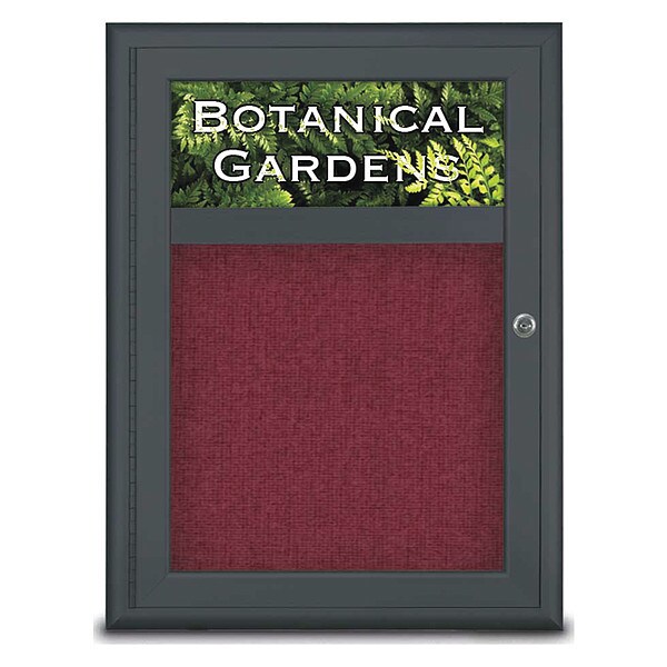 Corkboard, Single Door, Radius Frame, Header, 18x24", Black/Burgundy
