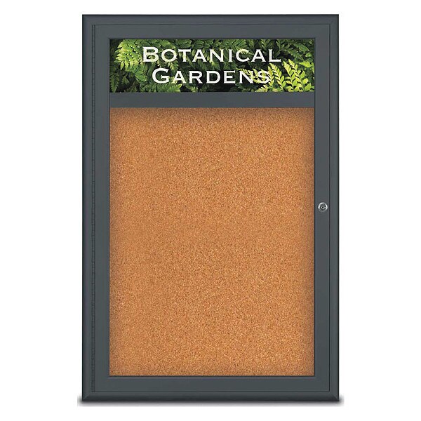 Corkboard, Single Door, Radius Frame, Header, 24x36", Black/Nat Tan Cork