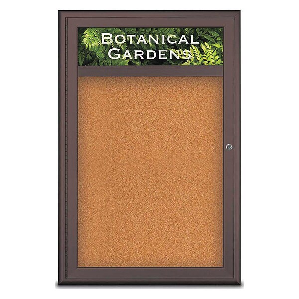 Corkboard, Single Door, Radius Frame, Header, 24x36", Bronze/Nat Tan Cork