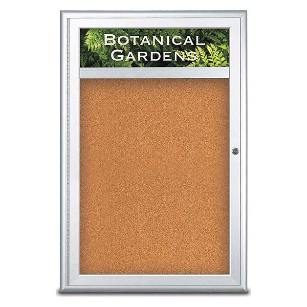 Corkboard, Single Door, Radius Frame, Header, 24x36", Satin/Nat Tan Cork
