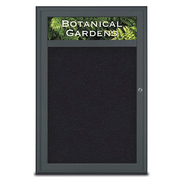 Corkboard, Single Door, Radius Frame, Header, 24x36", Black/Black Rubber