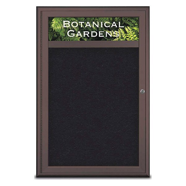 Corkboard, Single Door, Radius Frame, Header, 24x36", Bronze/Black Rubber