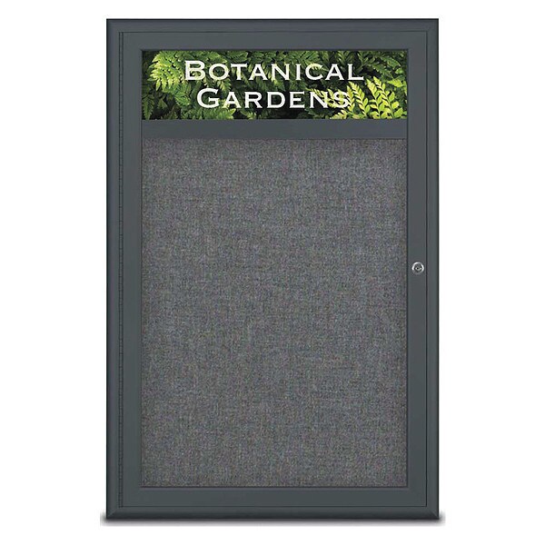 Corkboard, Single Door, Radius Frame, Header, 24x36", Black/Medium Gray