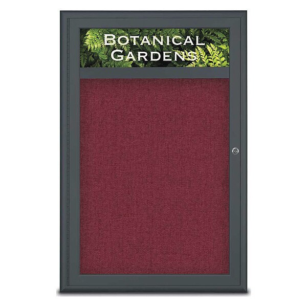 Corkboard, Single Door, Radius Frame, Header, 24x36", Black/Burgundy