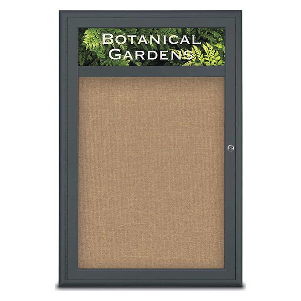 Corkboard, Single Door, Radius Frame, Header, 24x36", Black/Buff