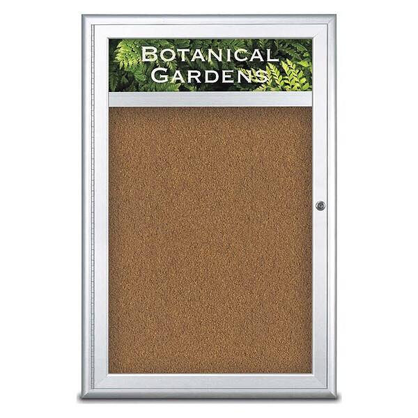 Corkboard, Single Door, Radius Frame, Header, 24x36", Satin/Tan Forbo