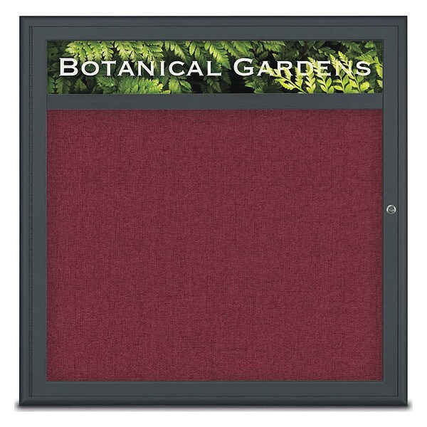 Corkboard, Single Door, Radius Frame, Header, 36x36", Black/Burgundy