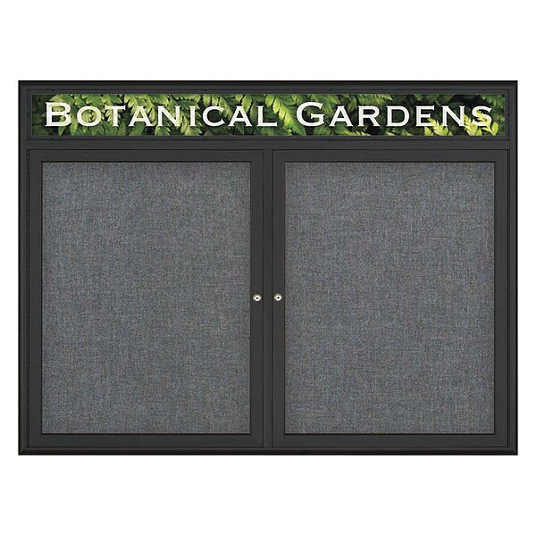 Corkboard, Double Door, Radius Frame, Header, 48x36", Black/Medium Gray