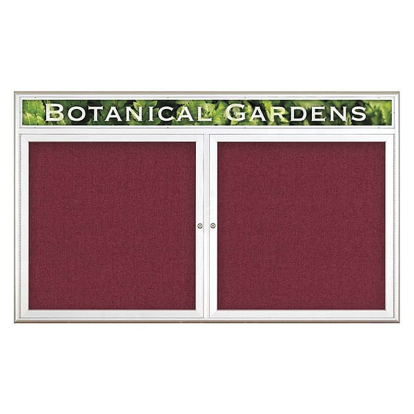 Corkboard, Double Door, Radius Frame, Header, 60x36", Satin/Burgundy