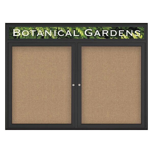 Corkboard, Double Door, Radius Frame, Header, 48x36", Black/Buff