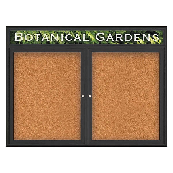 Corkboard, Double Door, Radius Frame, Header, 48x36", Black/Nat Tan Cork