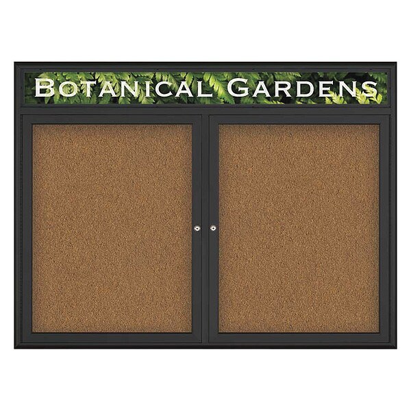 Corkboard, Double Door, Radius Frame, Header, 48x36", Black/Tan Forbo