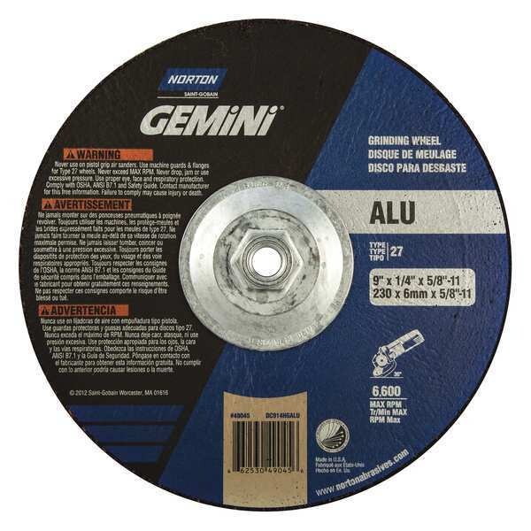 Depressed Center Grinding Wheel, Type 27, 9 in Dia, 0.25 in Thick, 5/8"-11 Arbor Hole Size, 24 Grit