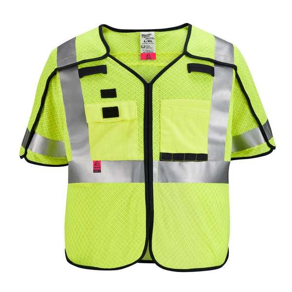 AR/FR Cat.1 High Visibility Vest w/Sleeves S, M Class 3 X Back, , Hook and Loop 10 Pockets, No