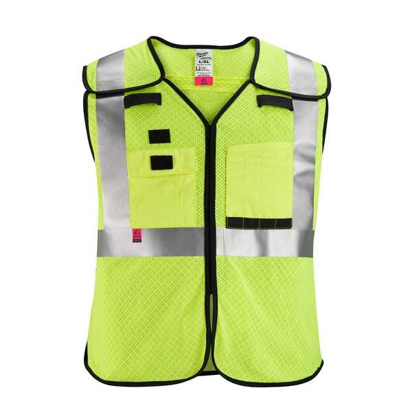 AR/FR Cat.1 High Visibility Vest 2XL, 3XL Class 2 X Back, , Hook and Loop 10 Pockets, 2 Mic Tab, No