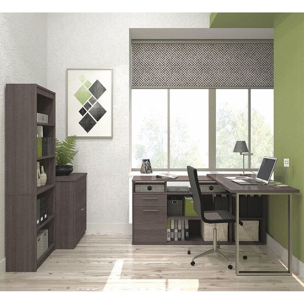 L Shaped Desk L-Shaped Desk, Lat. File/Bkcs, Bark Gray, 59.3" D X 29.7" H, 59.3" W X Melamine