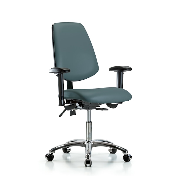 Desk Chair Desk Chair, Vinyl, Med, Bk, Chrm, AA, Cast, Blu, Adjustable Arms, 18" to 23" Height, Vinyl