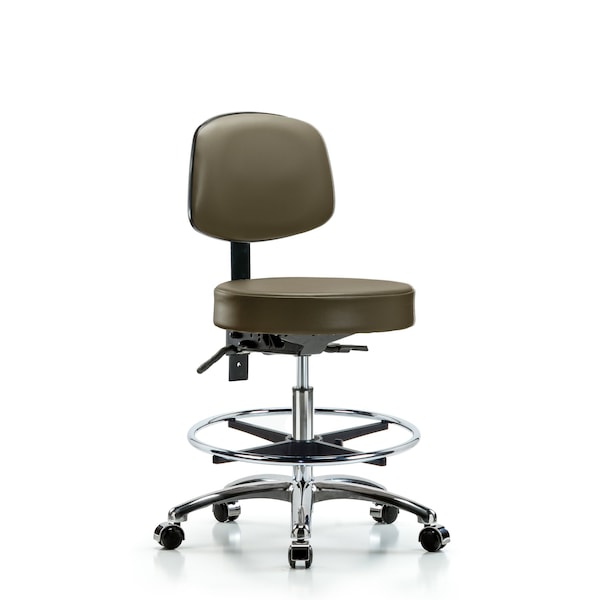 Vinyl Stool, Back, Chrome, Med Bench, Tilt, Foot Ring, Casters, Royal