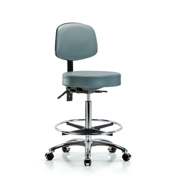 Vinyl Stool, Back, Chrome, High Bench, Foot Ring, Casters, Storm
