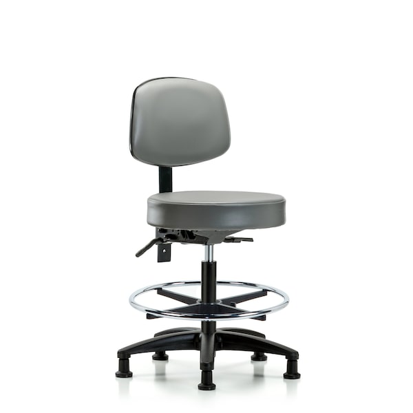 Vinyl Stool, Back, Med Bench, Tilt, Foot Ring, Glides, Sterling
