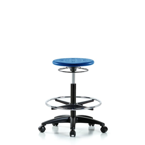 Huron Poly Stool, High Bench, Foot Ring, Casters, Blue