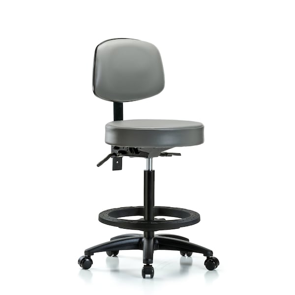 Vinyl Stool, Back, High Bench, Tilt, Foot Ring, Casters, Sterling