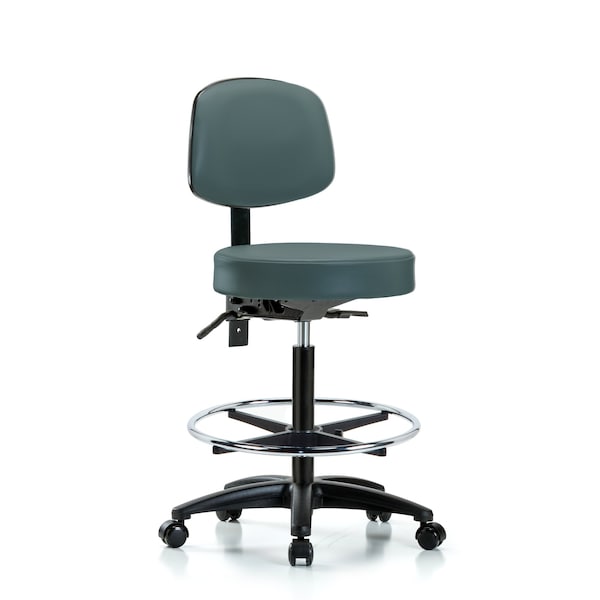 Vin Stool with Back-High Bench Ht with Seat Tilt, Chr FR, andCasters in Colonial Blue Trailblazer Vin