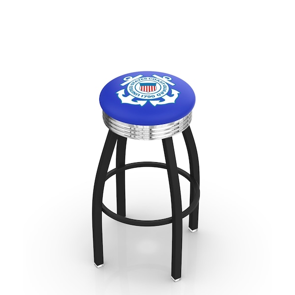 25" Blk Wrinkle U.S. Coast Guard Swivel Bar Stool, Chrome Ring