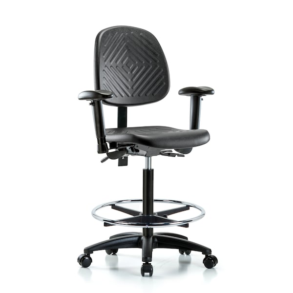 Bench Chair, Hi, Poly, Med, Bk, Tilt, AA, Cast, 6-Way Adjustable, 24-1/2" to 33-1/2" Height, Blue, Black