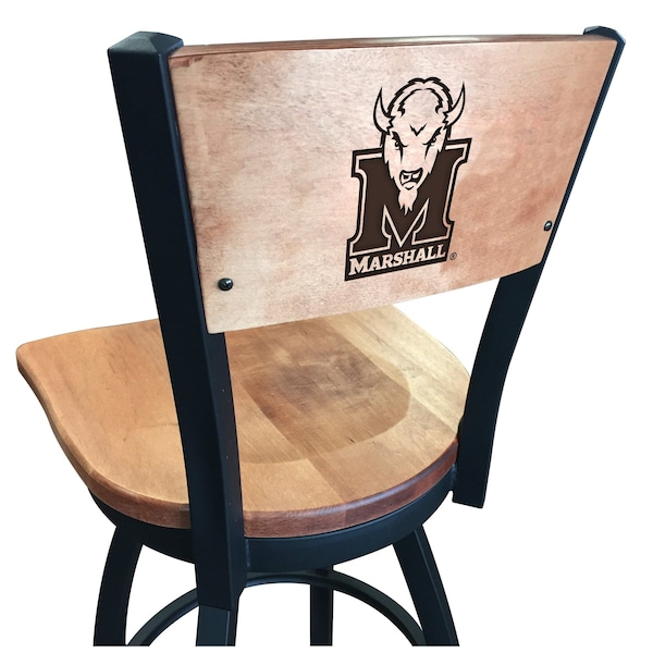 25" Blk Wrinkle Marshall Swivel Bar Stool, Laser Engraved Back