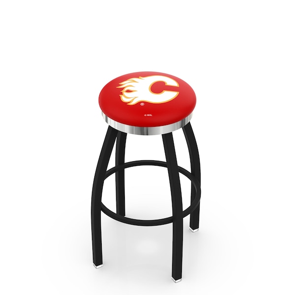 25" Blk Wrinkle Calgary Flames Swivel Bar Stool, Chrome Ring
