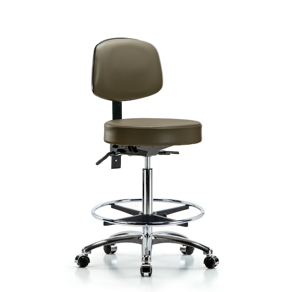 Vinyl Stool, Back, Chrome, High Bench, Foot Ring, Casters, Royal