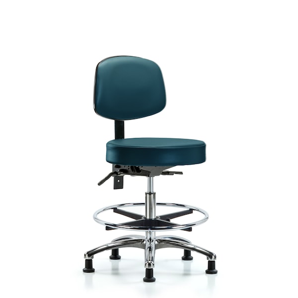 Vinyl Stool, Back, Chrome, Med Bench, Foot Ring, Glides, Royal