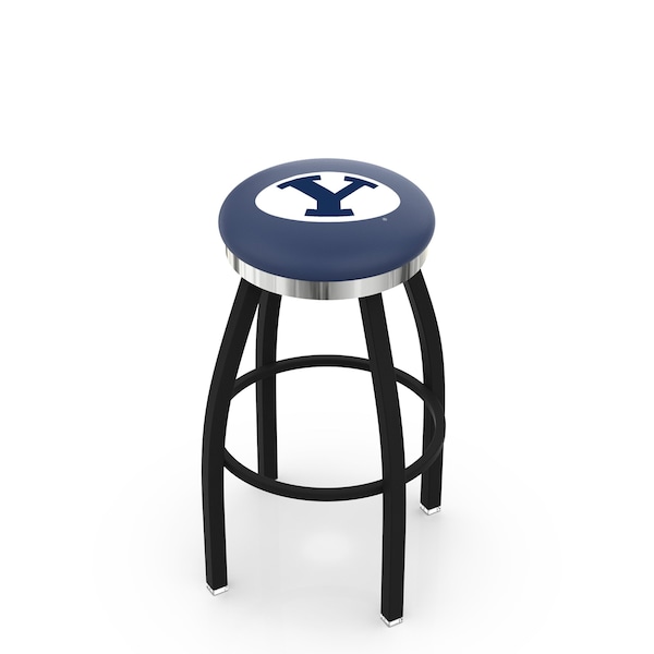 25" Blk Wrinkle Brigham Young Swivel Bar Stool, Chrome Ring