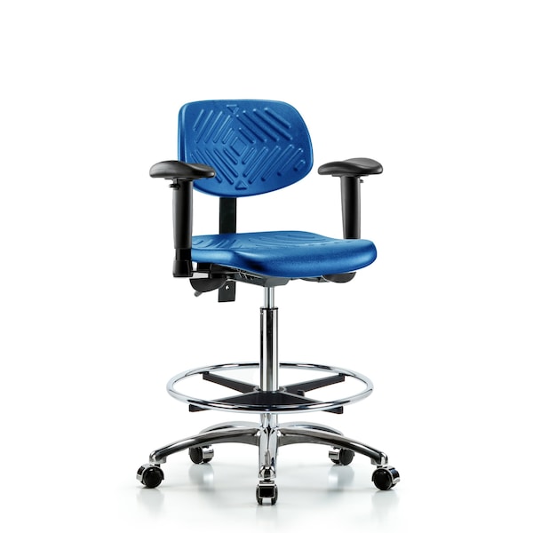 Poly Chair Chrome, High Bench, Arms, Foot Ring, Casters, Blue