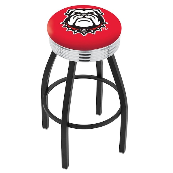 25" Blk Wrinkle Georgia "Bulldog" Swivel Bar Stool, Chrome Ring