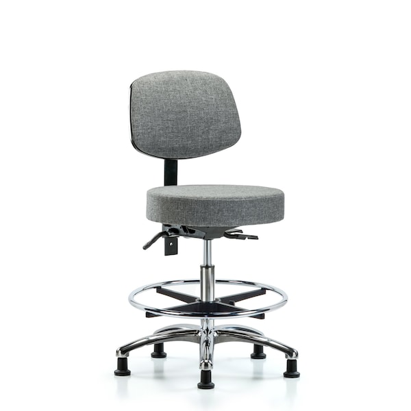 Fab Stool with Back Chrome-Medium Bench Height with Chrome Foot RingandStationary Glides in Gray Fab