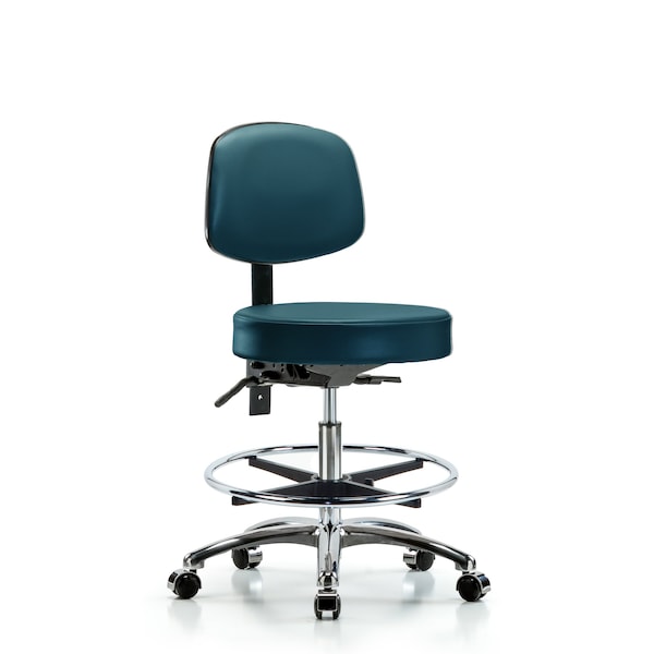 Vinyl Stool, Back, Chrome, Med Bench, Foot Ring, Casters, Royal