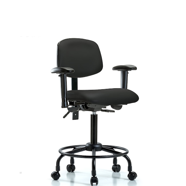 Bench Chair, Vinyl, RT, AA, Casters, BLK, 6-Way Adjustable, 23" to 31" Height, Black