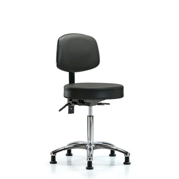 Vinyl Stool, Back Chrome, Med Bench, Tilt, Glides, Carbon