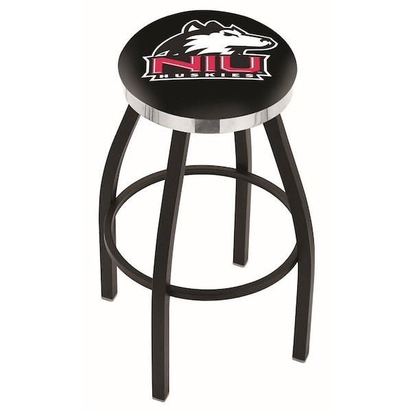 25" Blk Wrinkle Northern Illinois Swivel Bar Stool, Chrome Ring