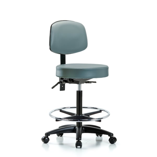Vinyl Stool, Back, High Bench, Tilt, Foot Ring, Casters, Storm